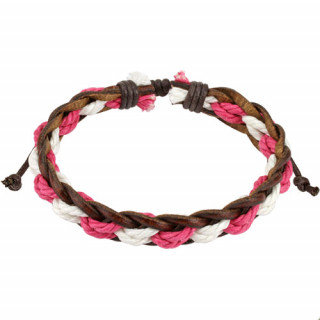 Bracelet tress de cuir marron avec cordage blanc et rose