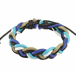 Bracelet tress de cuir marron avec lacets bleus, blancs et gris