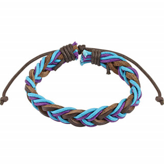 Bracelet tress de cuir marron avec lacets bleus et violets