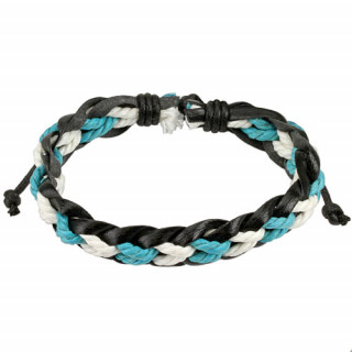 Bracelet tress de cuir noir avec cordage blanc et turquoise