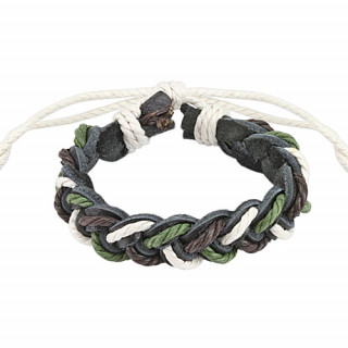 Bracelet tress de cuir noir avec lacets blancs, marrons et verts