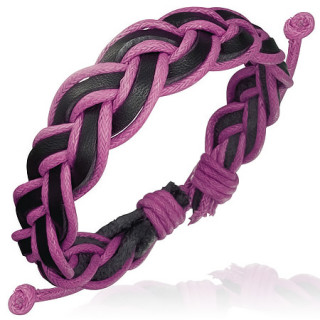 Bracelet tress en cuir noir et cordes rose fushia