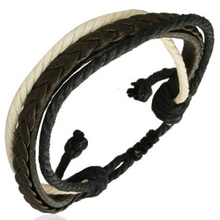 Bracelet  tricolore blanc, marron, noir  tresses de cuir et cordes