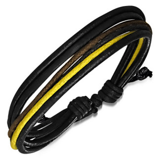 Bracelet  tricolore noir, marron et jaune  cinq cordons de cuir