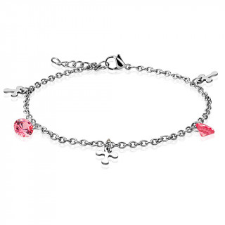 Chaine de cheville en acier  croix et strass roses