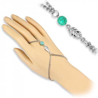 Chaine de main en laiton à feuille et perle imitation turqoise