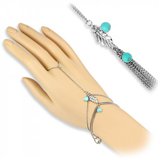 Chaine de main en laiton  perles bleu turquoise et feuille