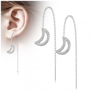 Chaines d'oreilles en acier Argenté avec lune à contours de cristaux