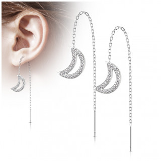 Chaines d'oreilles en acier Argent avec lune  contours de cristaux