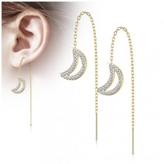 Chaines d'oreilles en acier Doré avec lune à contours de cristaux