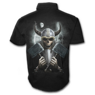 Chemise gothique homme  manches courtes  squelette viking avec marteaux et casque  cornes