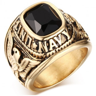 Chevalière homme en acier doré US Navy à pierre noire onyx