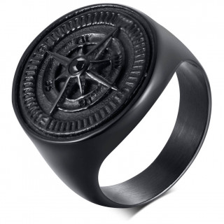 Chevalière homme noire en acier à design compas de navigation maritime