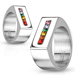 Chevalière mixte acier à bandeau de pierres multicolore