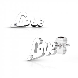 Clous d'oreille acier mot "Love" vintage et strass (paire)