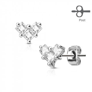 Clous d'oreille acier trio de strass clairs formants un coeur (paire)