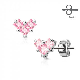 Clous d'oreille acier trio de strass roses formants un coeur (paire)