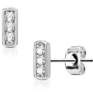 Clous d'oreille barre acier sertie de trois gemmes claires (paire)