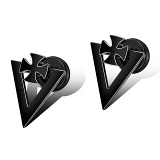 Clous d'oreille croix de malte et triangle en acier noir (la paire)