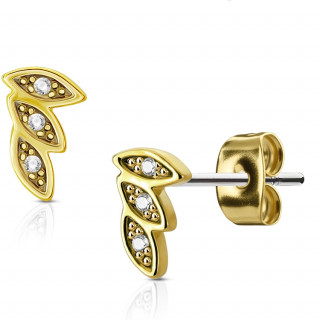Clous d'oreille dorés trois petites feuilles serties (paire)