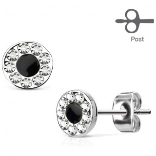 Clous d'oreille en acier  pupille noire cercle de strass (paire)