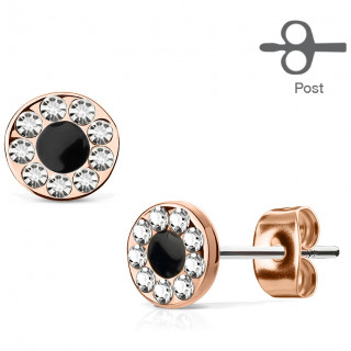 Clous d'oreille en acier cuivr  pupille noire cercle de strass (paire)