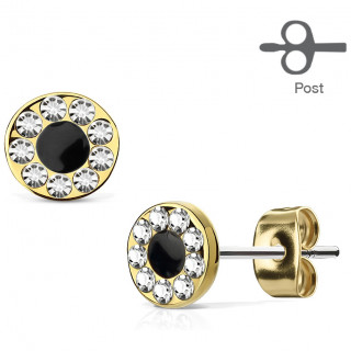 Clous d'oreille en acier dor  pupille noire cercle de strass (paire)