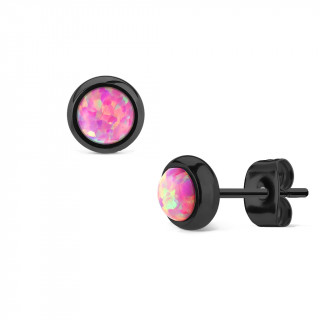 Clous d'oreille en acier noir  opale rose