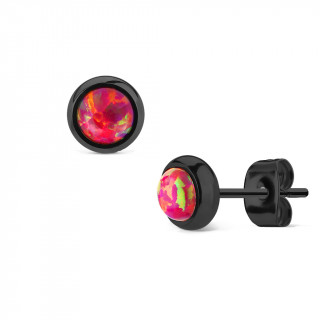 Clous d'oreille en acier noir  opale rouge