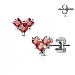 Clous d'oreille en acier trio de strass rouges formants un coeur (paire)