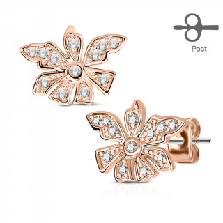 Clous d'oreille fleur cuivre  six ptales serties (paire)