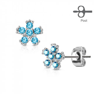 Clous d'oreille fleurs en acier pétales de pierres bleues aqua (paire)