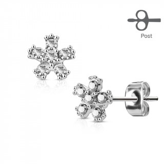 Clous d'oreille fleurs en acier ptales de pierres claires (paire)