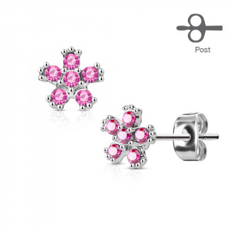 Clous d'oreille fleurs en acier ptales de pierres roses (paire)