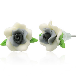 Clous d'oreilles  rose et feuilles en fimo REF-8793