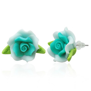 Clous d'oreilles  rose et feuilles en fimo REF-8796