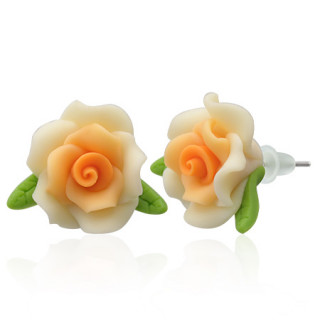 Clous d'oreilles à rose et feuilles en fimo REF-8797
