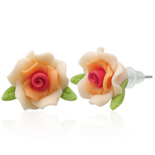 Clous d'oreilles  rose et feuilles en fimo REF-8798