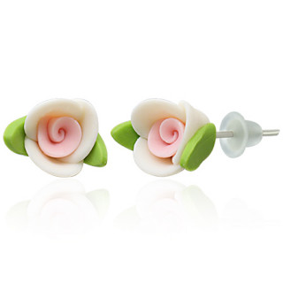 Clous d'oreilles  rose et feuilles en fimo REF-8808