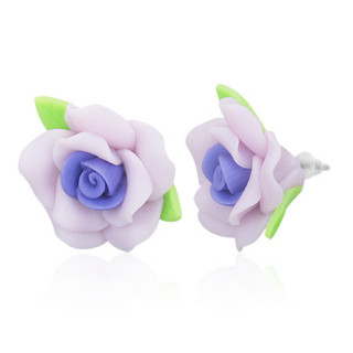 Clous d'oreilles  rose et feuilles en fimo REF-8821