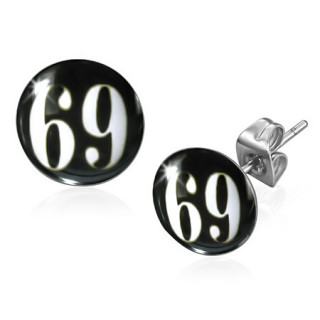 Clous d'oreilles avec chiffre 69 blanc sur fond noir