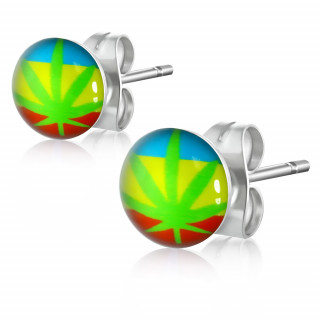 Clous d'oreilles avec feuille de cannabis sur fond bleu, jaune, rouge