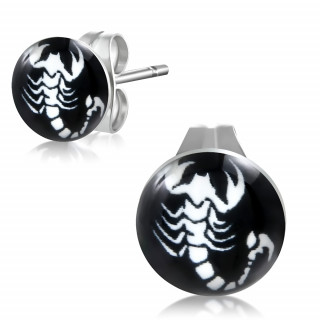 Clous d'oreilles avec scorpion blanc sur fond noir