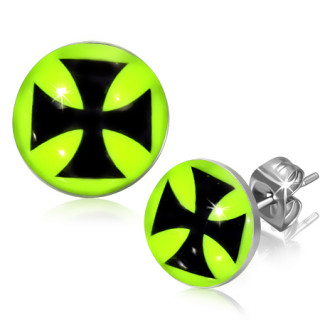 Clous d'oreilles coloris fluo avec croix de malte