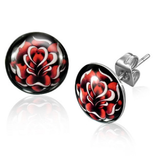 Clous d'oreilles noirs avec rose rouge  bords blancs