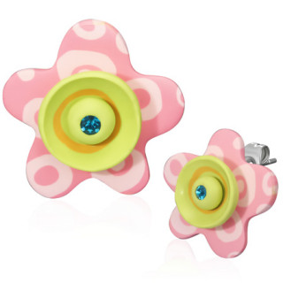 Clous d'oreilles (paire)  fleur fimo enfantine jaune et rose bonbon  strass bleu