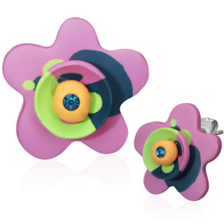 Clous d'oreilles (paire)  fleur fimo rigolote violette, vert anis et bleue