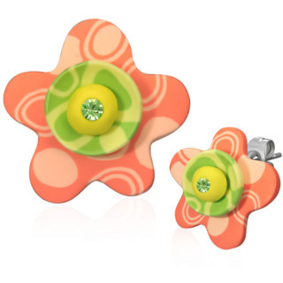 Clous d'oreilles (paire)  fleur orange et verte style fun  strass