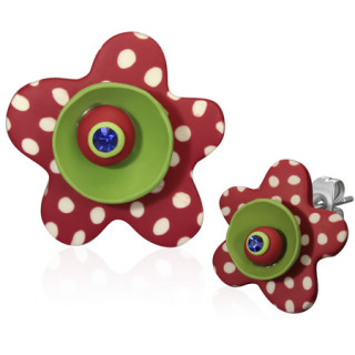 Clous d'oreilles (paire)  fleur rockabilly verte et rouge  pois blancs