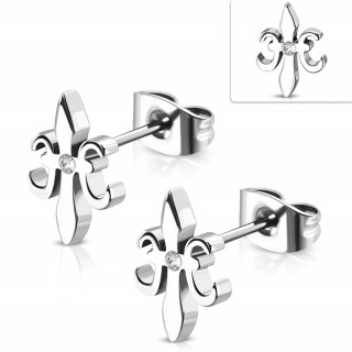 Clous d'oreille acier à fleur de lys sertie (Paire)